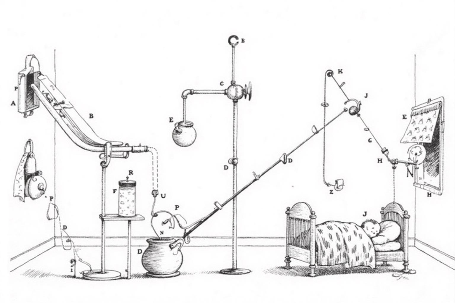 rugo1 illustration. 
On the left side, is a machine contraption containing conveyer belts and a bottle. On the right is a baby sleeping on a baby crib.
 <lora:rugo1_cap_d6a3e11:1.0><lora:828772162623071567:0>