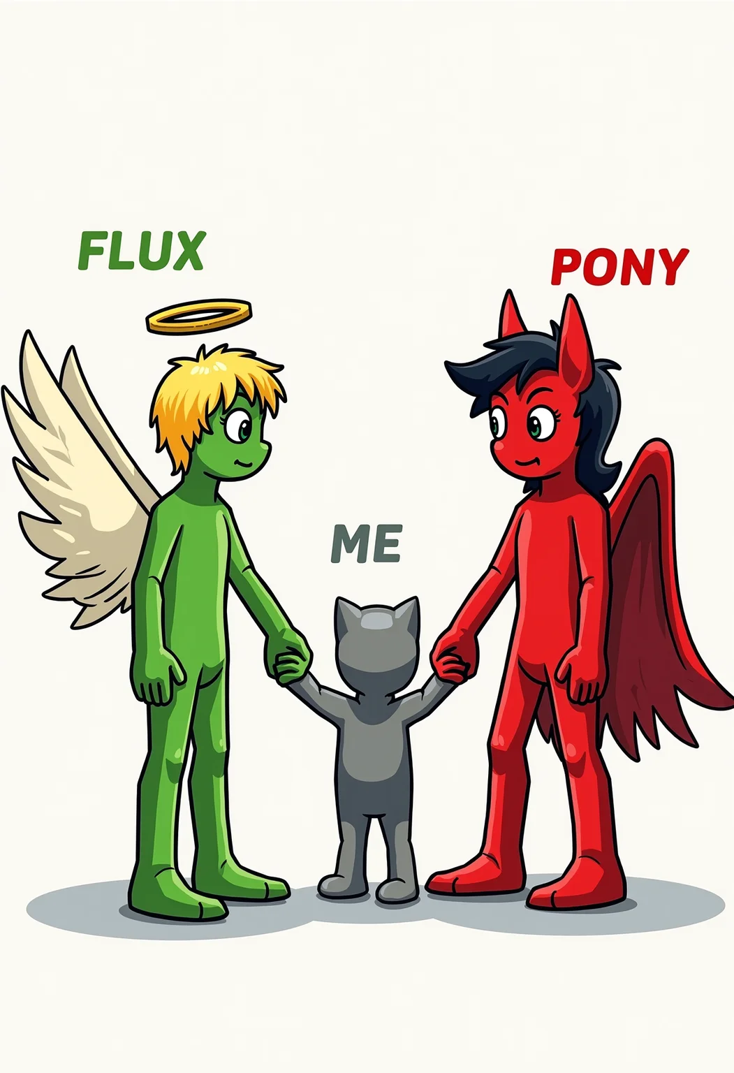 comic style drawing shows three character holding hands facing the viewer, on the left side a green angelic character labeled "FLUX" pulls a grey character labeled "ME" away from a red evil character labeled "PONY"