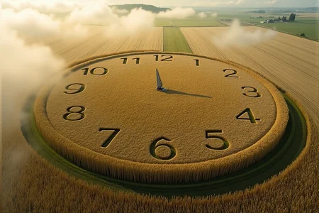 top down landscape photo taken from a satellite, the photo is showing a formation in the wheat field of a circle formation resembling a a clock, on the edges of the circle are etched twelve numbers representing the hours of the day,the image is partially obscured by clouds