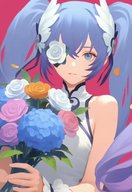 (1girl),(solo),xiangwan\(asoul\),blue eyes,twintails,very long hair,drill hair,gradient hair,xiangwannormal,sleeveless,bare shoulders,hair ornament,wrist cuffs,white dress
void 0,rei \(sanbonzakura\),(fkey,shion \(mirudakemann\):0.8638), year 2023,
parted lips, looking at viewer, holding bouquet, one eye covered, bouquet, petals, leaf, floral print, rose \(flower\), daisy \(flower\), peony \(flower\), chrysanthemum \(flower\), hydrangea \(flower\), orange flower, red rose, pink rose, white flower, red flower, pink flower, blue flower, yellow flower, purple flower, white rose, upper body, simple background, red background, pink background, colorful, 748cmstyle,
masterpiece,best quality,very aesthetic,absurdres,newest,masterpiece,best quality,year 2024,newest,highres,absurdres,,