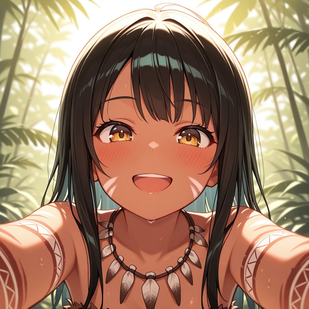 masterpiece, best quality, 32k, high resolution, absurdres, tribal, 1girl, solo, POV, looking at viewer, blush, smile, open mouth, upper teeth only
