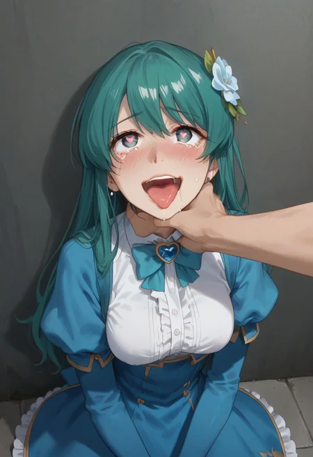 score_9, score_8_up, score_7_up, source_anime, masterpiece, 4k, high quality, (best quality:1.1), minakami, green_hair, long_hair, red_eyes, blue_gloves, elbow_gloves, long_sleeves, blue_dress, hair_ornament, blue_bowtie, jewelry, thigh_boots, blue_footwear, dark ally, against wall, above view,shadow over face, scared smile, wide eyes, cowering, heavy breathing, hot breath, night, low light, street lights, looking at viewer, pov, chin grab,, , heart shaped pupils, tears, drooling, [:heart1shape-eye:0.5], viewer grabbing throat, monster hand, chocking, eyes rolling back, eye roll, open mouth tongue,