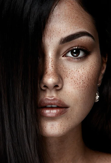 highly detailed, hyper-realistic digital artwork depicting a close-up of a woman's face. The image focuses on the left side of her face, from the eye down to her lips, with a dramatic contrast between light and dark. Her skin is a light, almost porcelain tone, speckled with freckles that are meticulously rendered. The woman has striking, almond-shaped eyes with detailed, long lashes, and a slightly raised eyebrow that adds depth and expression to her face. Her eye is a deep, dark brown, with a subtle reflection that catches the light, enhancing the realism. Her lips are full and slightly parted, with a glossy texture that adds a sense of sensuality. The left side of her face is partially obscured by a dark, almost black, hair that partially covers her forehead and cheek. The background is a solid, dark color, likely black, which enhances the contrast and highlights the textures and details of her skin and hair. The overall style is highly realistic, with attention to fine details such as the freckles and the texture of her skin and hair. The image exudes a sense of mystery and intimacy, with the focus on the face and the dramatic lighting creating a striking visual impact.,aidmaimageupgrader, aidmaMJ6.1 <lora:aidmaMJ6.1-FLUX-v0.5:0.7> <lora:aidmaImageUprader-FLUX-v0.3:0.4>