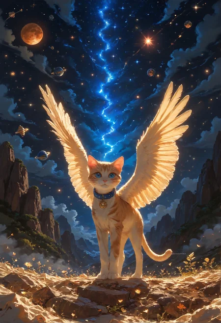 detailed background,Cinematic Lighting,film grain,score_9,score_8_up,score_7_up,zPDXL2,masterpiece,best quality,highly detailed,glowing,hand person,Expressiveh, <lora:(增强)sdxl_lightning_8step_lora:1>,<lora:glowneon_xl_v1:1>, <lora:(增强)Hands XL 4:1>,<lora:(增强)Expressive_H-000001:0.8>, <lora:Vixon\Vixon's Pony Styles Astro:0.8> , looking at viewer, blue eyes, jewelry, wings, sky, collar, no humans, animal, cat, star \(sky\), feathered wings, starry sky, angel wings, white wings, space, animal focus, planet, earth \(planet\), 4str0,