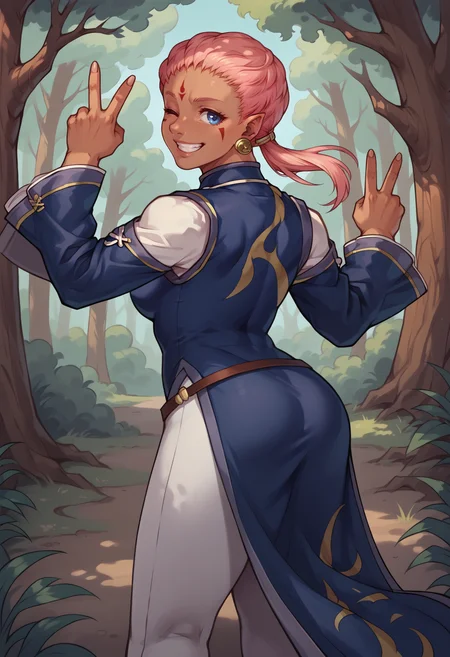 score_9, score_8_up, score_7_up, 1girl, cowboy shot, from behind, looking back, grin, wink, peace sign, <lora:EnaFE-pdxl:1> defEna, dark-skinned female, pink hair, low ponytail, forehead mark, facial mark, blue eyes, pointy ears, earrings, china dress, long sleeves, shoulder cutout, belt, white pants, medium breasts, forest