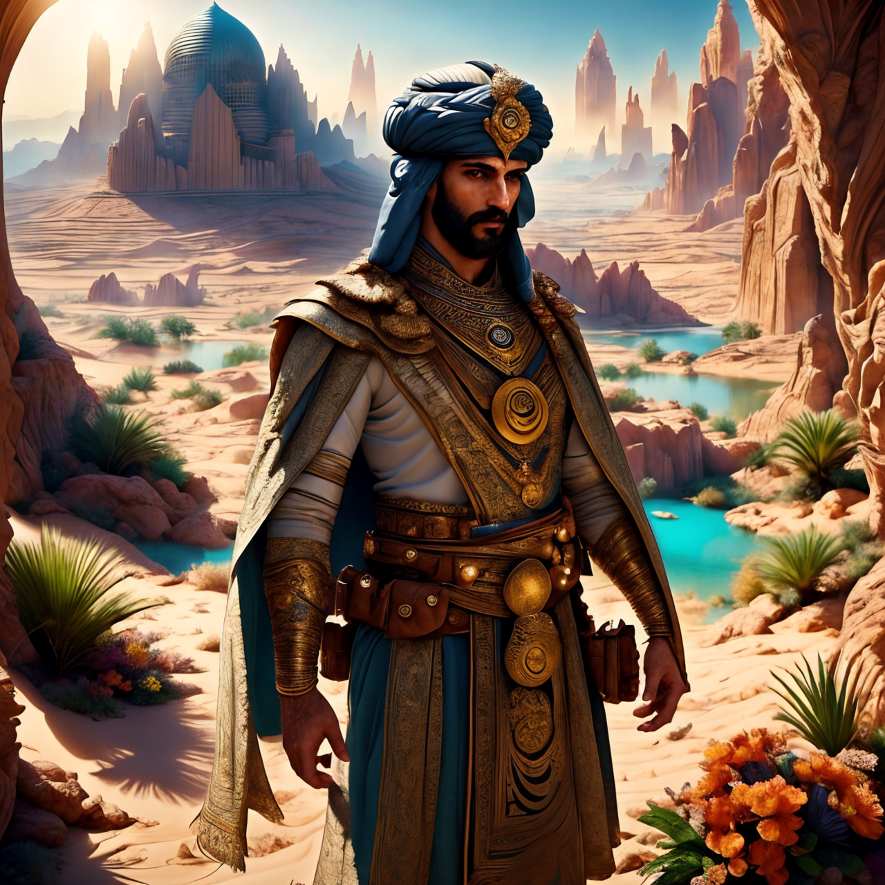 RAW photo, (masterpiece:1.3), subsurface scattering, heavy shadow, (high quality:1.4), (intricate, high detail:1.2), professional photography, HDR, High Dynamic Range, realistic, ultra realistic, photorealistic, high resolution, film photography, ambient lighting, atmospheric effects, <lora:detail_slider_v4:2>, OverallDetail,  arar, a man wearing arabian armor, cape, turban, in an oasis, <lora:Oasis:1>, day, flower, mountain, water, outdoors, palm tree, reflection, rock, scenery, shadow, sky, tree, water, <lora:ArabianArmor:1>