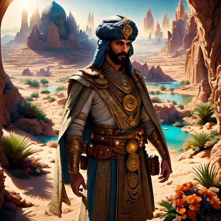 RAW photo, (masterpiece:1.3), subsurface scattering, heavy shadow, (high quality:1.4), (intricate, high detail:1.2), professional photography, HDR, High Dynamic Range, realistic, ultra realistic, photorealistic, high resolution, film photography, ambient lighting, atmospheric effects, <lora:detail_slider_v4:2>, OverallDetail, arar, a man wearing arabian armor, cape, turban, in an oasis, <lora:Oasis:1>, day, flower, mountain, water, outdoors, palm tree, reflection, rock, scenery, shadow, sky, tree, water, <lora:ArabianArmor:1>