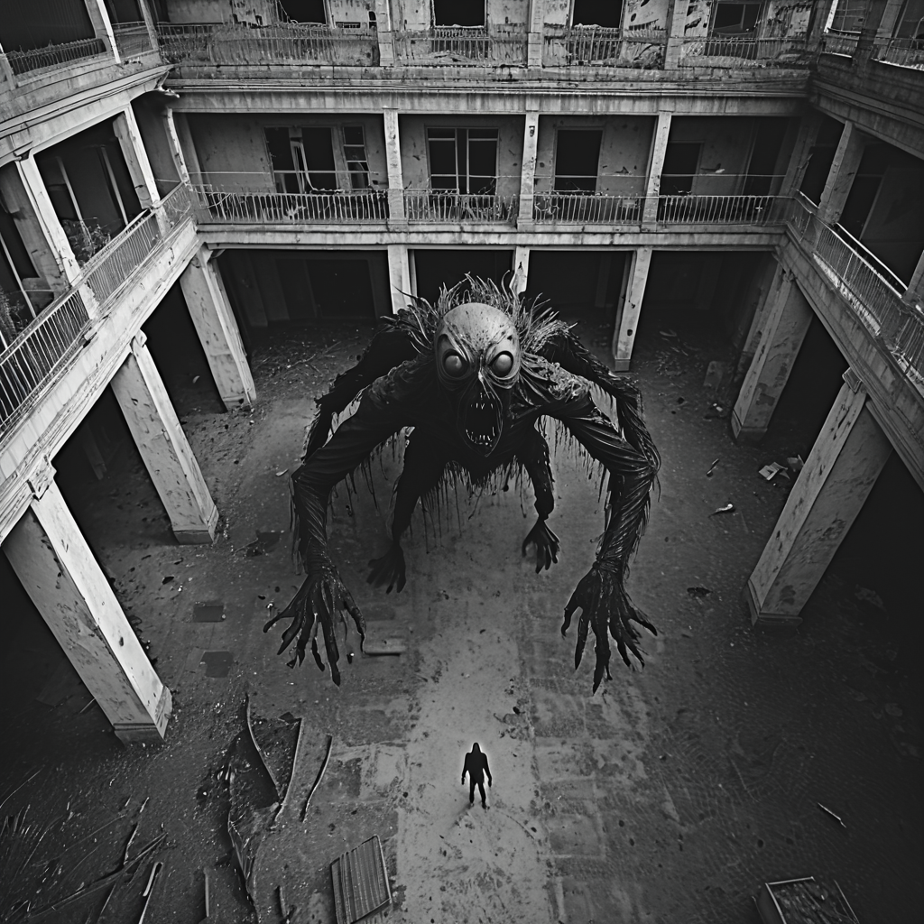 horrorcctvlora, abandoned building, horror (theme), monster, zombie, monochrome, bird view