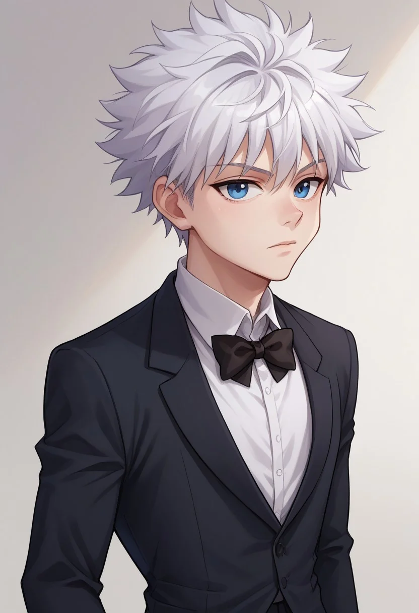 score_9, score_8_up, score_7_up, source_anime, highly detailed,
killuazoldick, 1boy, male focus, solo, white hair, blue eyes, upper body, formal, suit, bow, bowtie, white shirt, black jacket, black pants
indoor,