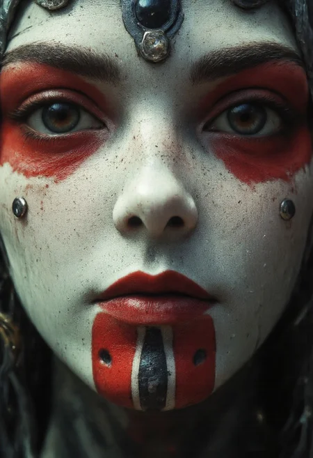 The image is a highly detailed, CGI-rendered digital artwork capturing an extreme close-up of a mystical smiling woman with maori inspired vibrant Red chin-tattoo, She wears an enigmatic mask made of white plaster, distinguished by two large, round, black dots serving as eyes. The mask’s surface is intricately detailed with cracks and fissures, through which the exquisitely rendered features of her face are subtly revealed. Her expression, partially hidden yet powerfully evocative, hints at ancient secrets and deep emotion. Bathed in soft, ethereal light, the scene exudes a surreal quality that heightens its mystical allure. Gentle, diffused illumination caresses the delicate contours of the plaster mask and the intricate details of her skin, emphasizing the interplay of light and shadow. The ambient glow enhances the texture of the fractured plaster, casting soft highlights along the edges of the cracks, while deep, tender shadows add a sense of depth and intrigue to her partially unveiled visage.
The overall atmosphere is one of profound mystery and quiet intensity—a visual narrative where concealment and revelation intertwine. Rendered in ultra-realistic 8K quality, every nuance from the mask’s subtle imperfections to the soulful glimpse of the woman beneath is brought to life, creating an artwork that is both hauntingly beautiful and enigmatically inviting.