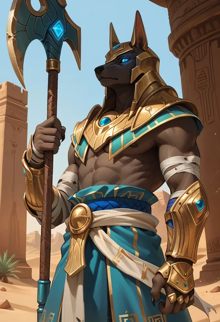 score_9, score_8_up, score_7_up, score_6_up, score_5_up, score_4_up, BREAK, nasuspdxl, 1boy, armor, helmet, bandages, loincloth, gauntlets, solo, male focus, simple background, cowboy shot, weapon, holding, looking at viewer, blue eyes, glowing eyes, no pupils, colored sclera, axe, holding weapon, desert, temple, from below, upper body, <lora:Nasus_-_League_of_Legends:0.8>