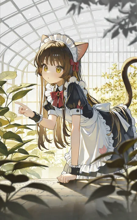 1girl,solo,teenager,petite,long hair,curious,golden brown hair,cat girl,cat tail,maid headdress,maid,puffy sleeves,wrist cuffs,dress,frills,frilled dress,white apron,frilled apron,maid apron,red bow,
bent over,upper_body,poking the leaves of rice seedlings with finger,(indoor:1.1),greenhouse,depth of field,(Snowstorm outside the greenhouse:0.6),best quality,masterpiece,absurdres,wallpaper,greyscale,(ningen mame:0.75),<lora:rafaelaaa:0.7>,