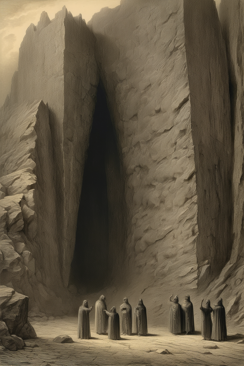 <lora:Gustave Dore Style:1>Gustave Dore Style - detailed and gloomy Gustave Dore artwork depicting a group of three people at the entrance of a gilded doorway at the base of a huge rock wall. The people are tiny to show the scale of the wall