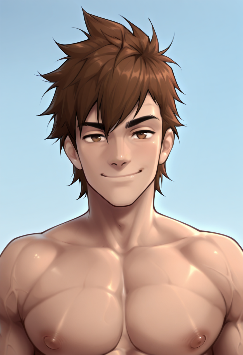 absurdres, perfect quality, masterpiece, YoshkaStyle, 1boy, muscular twink, brown hair, brown eyes, face focus, naked, smile, 
 <lora:Yoshka_Illustrious:1>