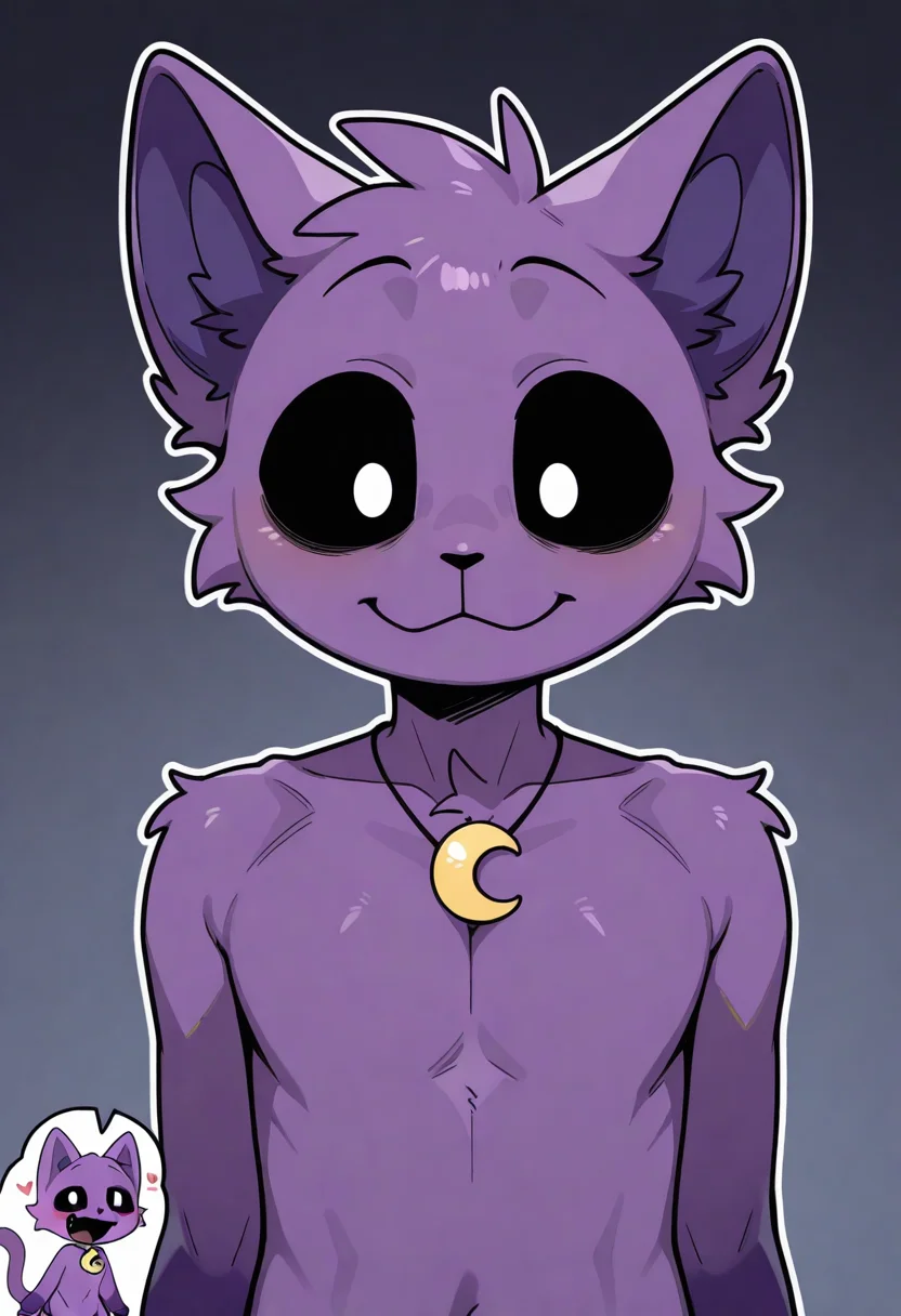 best quality, amazing quality, very aesthetic, absurdres, newest, catnap, poppy_playtime, solo, male, furry, black sclera, white eyes, nude, chibi, crescent necklace, cute, upper body, <lora:CatNap_Poppy_Playtime_illustrious:1>