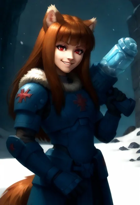 score_9, score_8_up, score_7_up, masterpiece, perfecteyes, holo, brown hair,long hair,red eyes, wolf girl,wolf ear,wolf tail, solo, , looking at the viewer, detailed background, wearing power armor, spcwlf, 3/4 angle, proud smile, a bltgun bolter weapon, holding a bolter weapon in lift arm,  ice, snow, icy cavern, outdoors, fur cloak, holo in spcwlf armor holding a bolter weapon