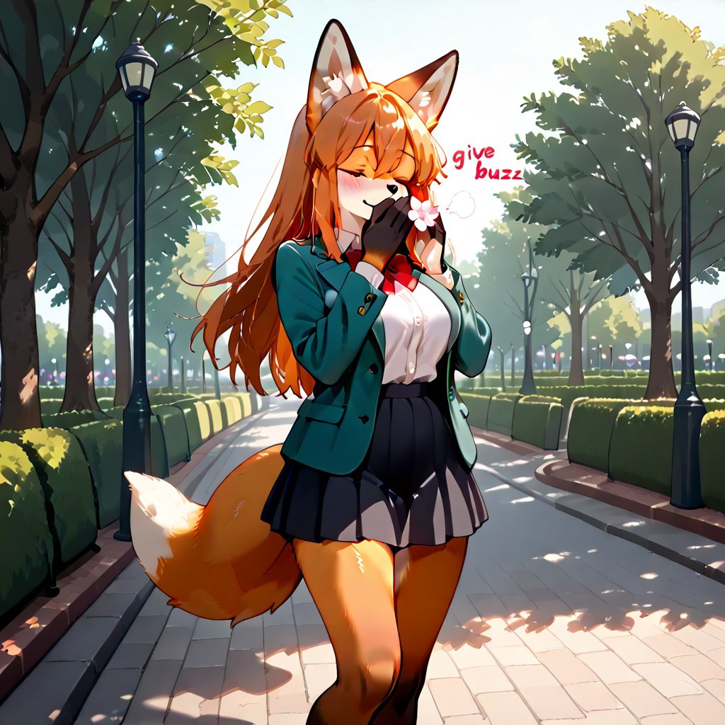 Best quality, masterpiece, 1girl, Orange furry fox girl, adult, wearing jacket and skirt, walking through a park, smelling flowers, Text give buzz. (Text says give buzz) (large text)