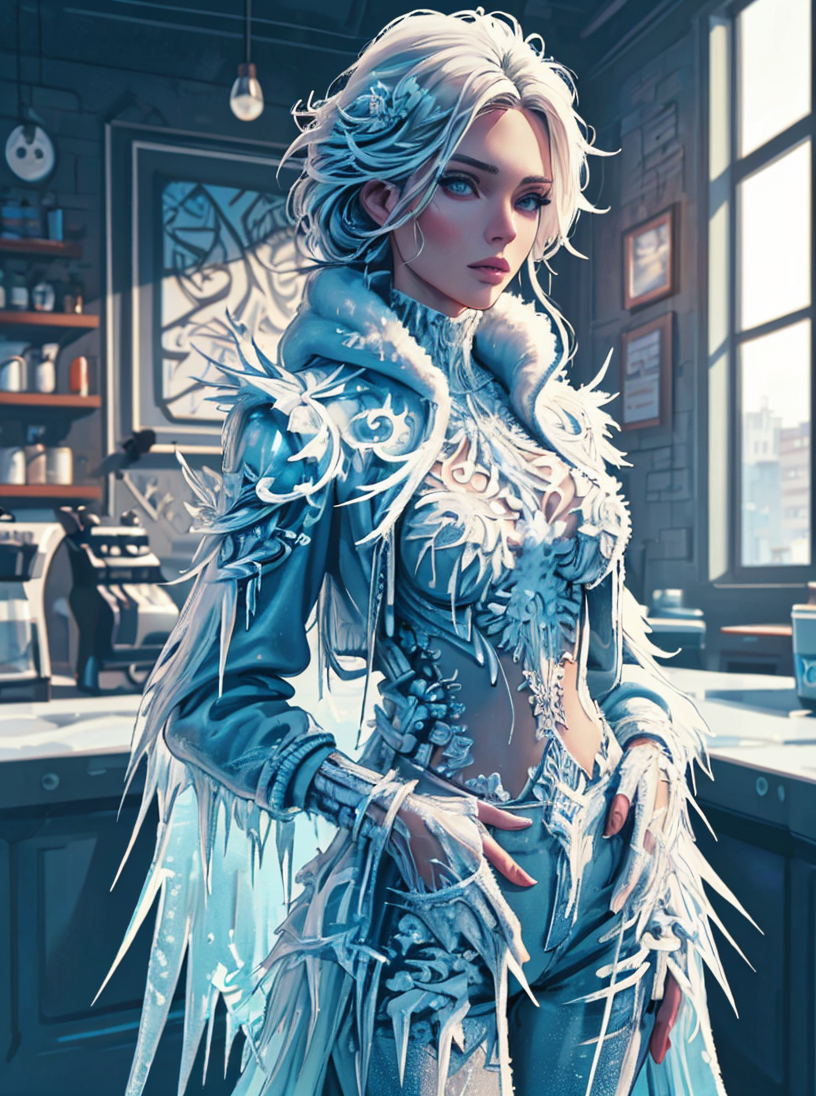 illustration, digital art, 1girl, posing, jacket made of ice and frost, IceFashion, complex coffee shop background, flat colors, painting, trends of artstation, (masterpiece:1.3) 
<lora:IceFashion:0.65>
<lora:pytorch_lora_weights:0.8>, , 8k uhd, dslr, soft lighting, high quality, (intricate details:0.9), (hdr, hyperdetailed:1.2)