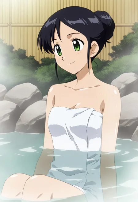 1girl, source anime, anime screencap,Yuukianime, black hair, single hair bun, short hair, sitting , onsen, partially submerged, green eyes, smile, outdoors, towel, bare shoulders