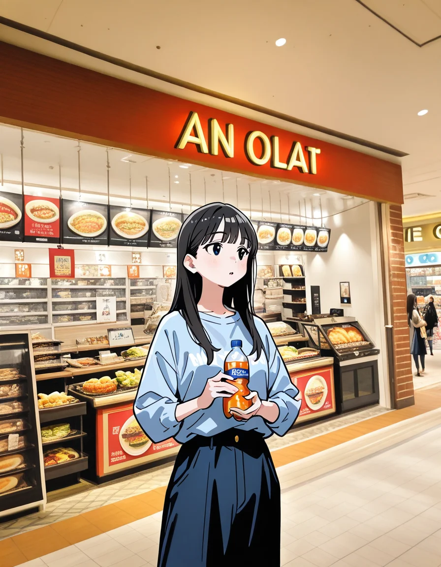 score_7_up, anime BREAK official art, solo, 1girl, one girl,
Black hair, (chest length hair:1.2), Straight Hair, bangs, one tucked behind ear, black eyes, feature large highlight, feature double highlights, shaped eyeblow,
<lora:Shopping_Mall-000006:1>, Shopping Mall, photo background, real world location,
multiple girls, shop, holding, food, standing, bottle, indoors, food court, 3girls, storefront
(masterpiece:1.3), best quality, high resolution, unity 8k wallpaper, extremely detailed CG, 8K, (watercolor \(medium\), muted color, sketch:1.1), perfect anatomy, highly finished, masterpiece, best quality, high quality, amazing quality, great quality, very aesthetic, ultra detailed, highres, absurdres, highly detailed, highly detailed background,