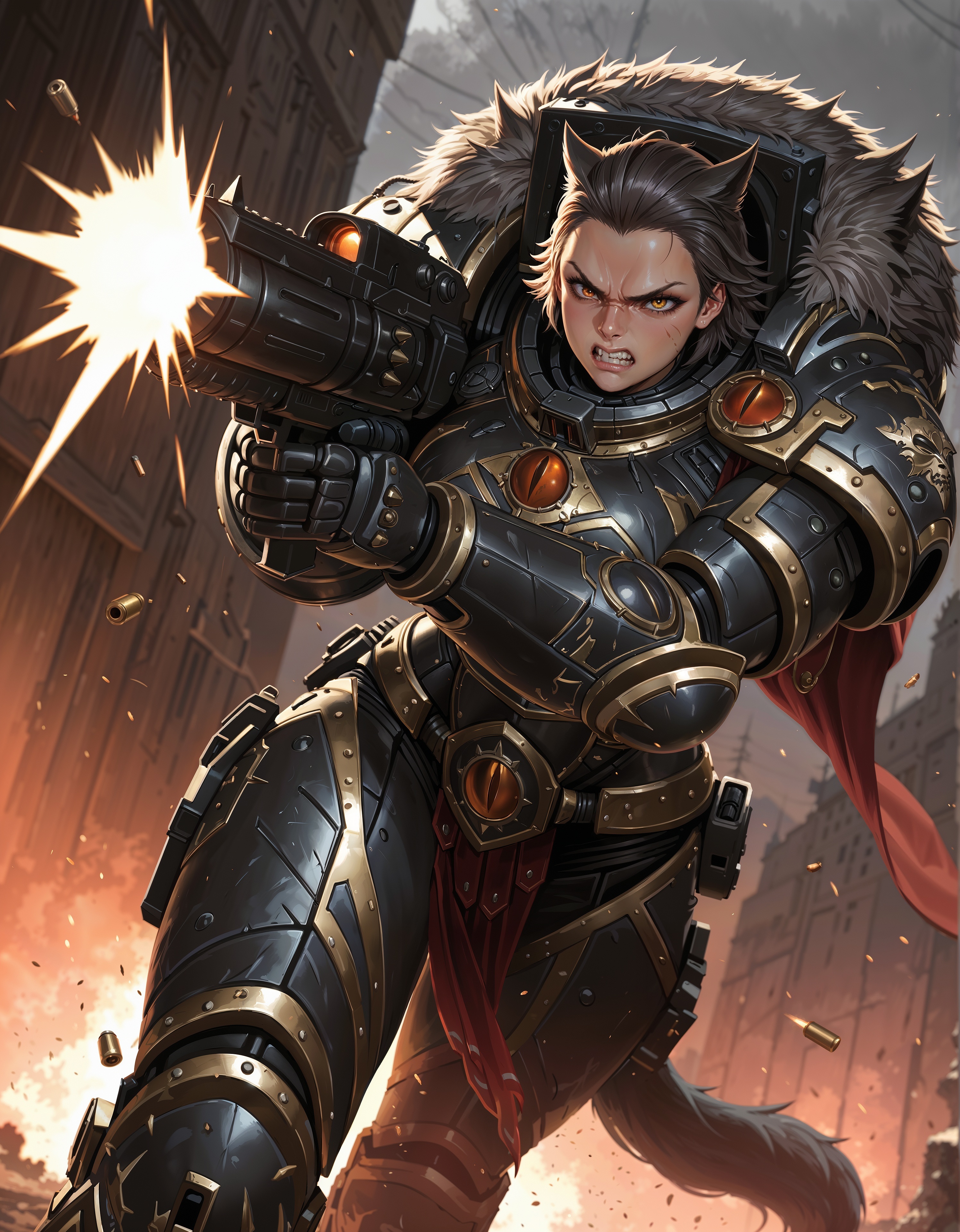 masterpiece, best quality,high quality, newest, highres,8K,HDR,absurdres, dynamic angle, realistic, 1girl, iLLHorusL40K, power armor, determined eyes, angry, wolf tail, holding bolter, shooting, muzzle flash, flying bullet casings,  <lora:iLLHorusL40K:1>