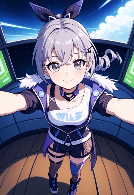 score_9, score_8_up, score_7_up, masterpiece, best quality, absurdres, vibrant, highly detailed, super cute and adorable, fluffy, from above, three-quarter front view,
BREAK
1girl, solo, silver wolf \(honkai: star rail\), drill hair, grey eyes, grey hair, light blush, long hair, reaching towards viewer, happy, opened eyes, closed mouth, :3,
BREAK
indoors, space base, outer space,