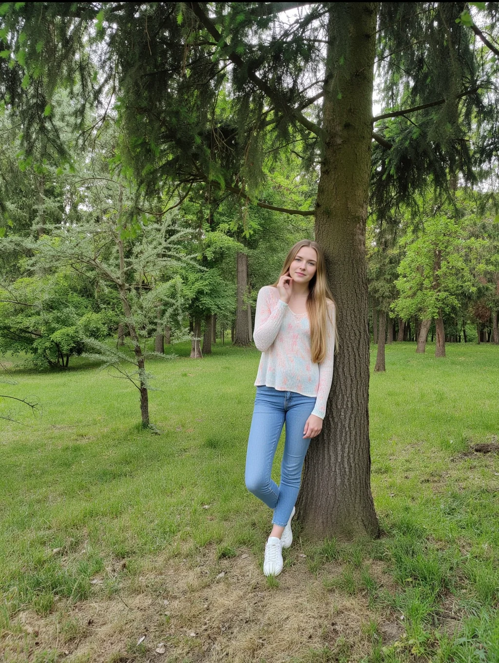 quiet forest clearing on a cloudy day, with tall spruce trees and soft green grass underfoot. In the foreground, a large spruce tree with textured bark and drooping, dark green needles. A young woman with long blonde hair stands beside it, gently touching the bark. She wears a pastel blouse, light blue jeans, and white sneakers. Her expression is calm and thoughtful, as if connecting with the tree. The light is soft and diffused, with a peaceful atmosphere and natural color tones throughout.