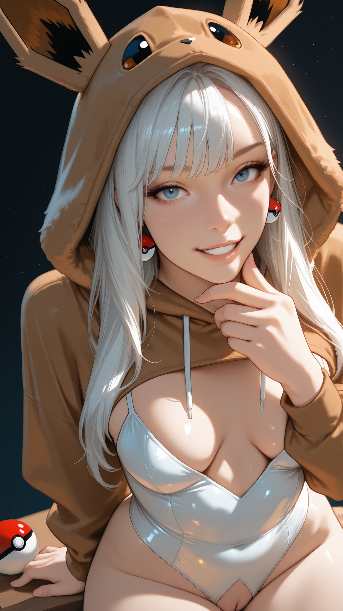 masterpiece, best quality, high resolution, very aesthetic, absurdres, newest, professional, high-quality, hyper-realistic, portrait of a woman, detailed eyes, realistic body, 
1gitl, milf, blue eyes, looking at viewer, eyelashes, white hair, very long bangs, disgraceful hair, hair fall into face, wild hair, step cut, saggy breasts, medium small breasts, pokeball earrings, 
wearing a Fluffeevkinij, hoodie, Eevee hood, ears, white leotard, pussy cutout, <lora:Fluffeevkinij:1>, 
sitting, legs to the side, hand on chin,
simple background, dark background, pastel blue details, vibrant colors, 
eye view, moody, dynamic motion, blush, decent grin