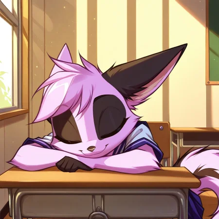 Dreamkeepers,1girl,Prelude_Vi,solo,furry,tail,source_furry,hazel eyes,masterpiece,
kid, child,
school_uniform, indoors, classroom, head_on_desk, sleeping, peaceful, closed_eyes, soft_smile, afternoon_sunlight, warm_lighting, empty_classroom, relaxed_pose, soft_focus, detailed_background