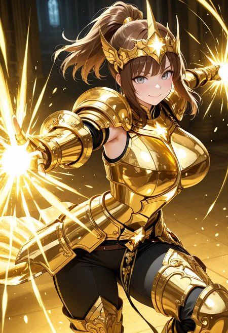 masterpiece,best quality,amazing quality, very aesthetic, ((outlined outlined vector graphics)), cute face, (glow eyes:0.5) , from front, looking at viewer ,detailed background,
1girl,
20yo, brown hair, gray eyes, (large breast:1.1), (ponytail:1.1), medium hair,(curvy:1.1),bangs,
,solo,cute face,
happy , gold armor, golden-mythril-armor , headwear , glowing, glittering , fantasy, glimmering , pants , action pose, clothed <lora:golden-mythril-armor-il-01:0.8>