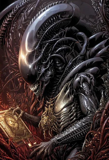 An insanely Detailed Divine Xenomorph, Golden and silver in color, cyberpunk, a crimson tinge to the golden color, Hyperdetailed, Omnipresent, Beautiful, Sinister overtones, otherworldly,