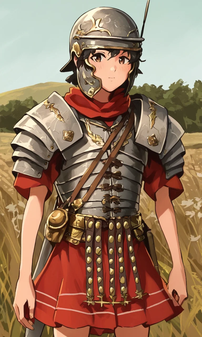 score_9, score_8_up, score_7_up, source_anime, anime illustration, masterpiece, best quality, lots of details, detailed background, outdoors, cover page, cover, textured, mediterranean, BREAK
1boy, solo, 18 years old, femboy, adult, black hair, brown hair, brown eyes, armor, sheath, helmet, breastplate, shoulder armor, red skirt, loricasegmentata, gallichelmet, looking at viewer