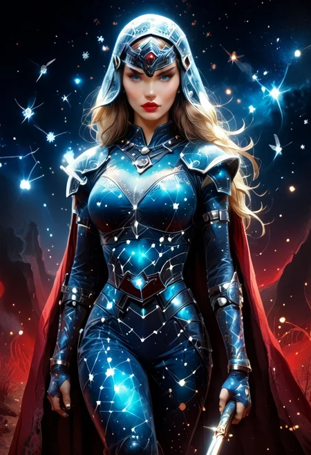 starry_morph, MILF, 32 years old, blonde hair, black leather vampire cape, sloppy wavy hair, sexy red boots, revealing outfit, red lips, mascara, eyelashes, hourglass figure, strong, big blue eyes, seductive, mature female, m1lfm3t3r, anezaki mamori, masterpiece, highest quality, realistic skin texture:1.5, high, tear shaped boobs, drow ranger, drow ranger \(dota2\), Masterpiece, 32k, photorealistic:1.4, score_9, score_8_up, score_7_up, huge boobs, small waist, wide hips, high cheekbones, oval face, slim waist, wide hips, thick thighs, full hips, DARK SIDE \(PICTURE BOOK\), NO FACE, colorful background, vivid colors, volumetric light, cinematic light, extremely detailed, bgbrda, top, bodysuit, helmet, armlet, bracelet, gloves, chainmail, skirt, boots, holding weapon, holding rod.