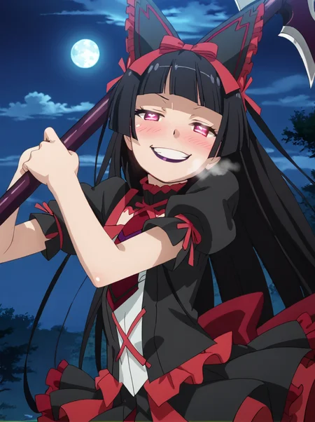 detailed background, shiny skin, posing,
<lora:rory.pony:1.0>,
rory, aaa,
purple lips,
night, dark, half-closed eyes, glowing pupils,
heavy blush, heavy breathing,
holding weapon, grin,