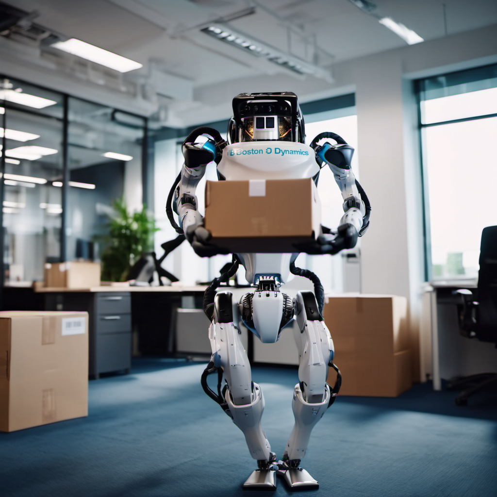 a robot carrying cardboardbox with a plan inside in an office, (((text ''Boston Dynamics''))) <lora:Atlas1024-000160:0.8>
