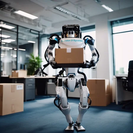 a robot carrying cardboardbox with a plan inside in an office, (((text ''Boston Dynamics''))) <lora:Atlas1024-000160:0.8>