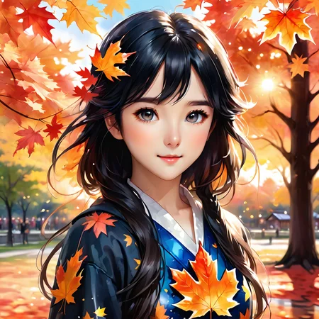 ink splashing,semi realistic, 2d game scene,oil and watercolor painting,
<lora:fantasy_world:1>ï¼
(((sunset))), flat color, Golden ratio, {masterpiece:1.5}, {extremely detailed CG unity 8k wallpaper:1.5}, {Grim expression:1.2}, {1girls:2}, {full body:1.8}, {cry, smile:1.8}, The wind blows the maple leaves, extremely detailed maple leaf, {extremely detailed eyes:1.5}, {extremely beautiful detailed anime face:1.5}, black hair, {cute animal face:1.5}, {extremely delicate and beautiful girls:1.4}, blue eyes,{glowing eyes, blank stare:1.5}, {backlight:2}, body is turning into maple leaves, {flowing maple leaf background:1.4}, {depth of field:2}, Red light, extremely detailed sky, clothes with maple leaf, {Maple tree background:1.5}, body with maple leaf , floating hair with maple leaf, looking at viewer, maple leaf forground, hair with maple leaf, {flowing hair:1.2}, The picture fills the canvas, {flowing:1.2}, dynamic angle