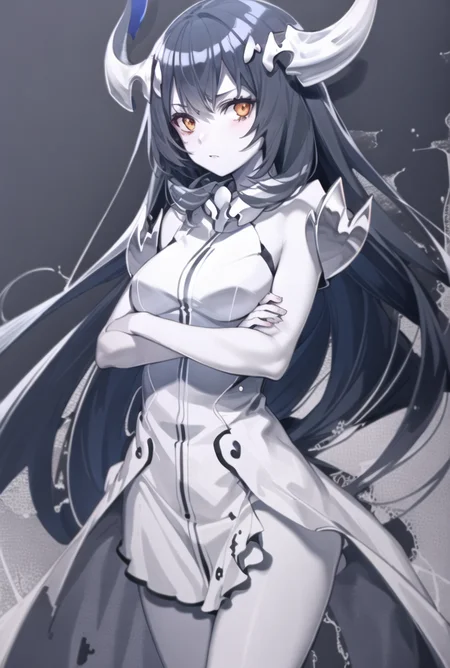 (masterpiece, best quality:1.2), (extremely detailed CG unity 8k wallpaper:1.2), (illustration:1.2), anchorage water oni, abyssal ship, upper body, looking at viewer, arms crossed, crossed arms, 1girl, black hair, horns, long hair, orange eyes, pale skin, white dress <lora:Anchorage Water Oni:1>