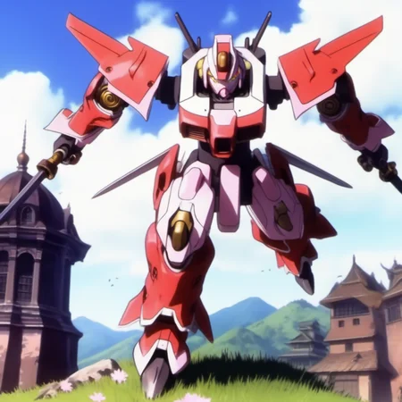 Ultra-realistic extremely detailed real life 8k masterpiece of a badass mech attacking a village, epic background, extremely detailed eyes mouth and facial features, breathtaking epic lighting, cinematic composition, sakura wars anime style <lora:sakura wars anime style:1>