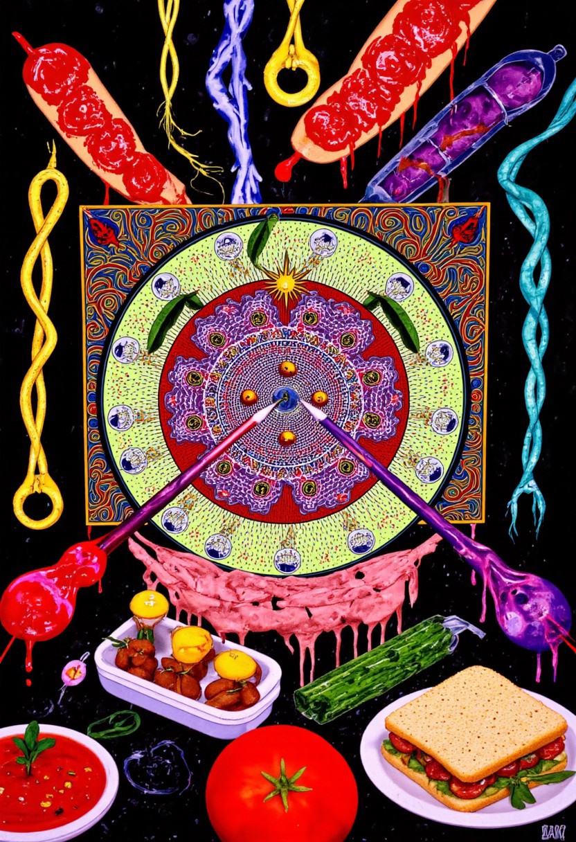 Slot machine graphics from front view . Disturbing scenes of addiction, people injecting drugs heroin, white powder, drinking alcohol smoking cigarettes. very strange surrealist style with holographic vortex featuring swirls of holotropic colour and glowing eyes wet distorted factory shot. On the television sets are glowing hands, with electricity coming off the finger tips. swirling around her head are holograms of  glyphs chaos magick symbols. the room has thick electricity cables and smoke is coming off them. large wet glistening slices of wet soggy ham and hot dogs are floating in the air, dripping gooey sauce combining mustard and blood, there are multiple wet hotdogs floating. on the wall in the background are photos of nuclear explosions