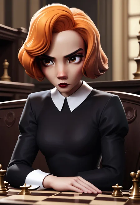 score 9, score 8, score 7, score 6, 1
girl, solo, bethh, upper body, sitting on a chair, sitting at a desk, looking a chess board on the table, focused, staring, black dress, collared dress, bethhb, orange hair, orange eyes, makeup, lipstick, lips, hands on table, looking down
tavern background,
small breasts, zPDXL, from the side,