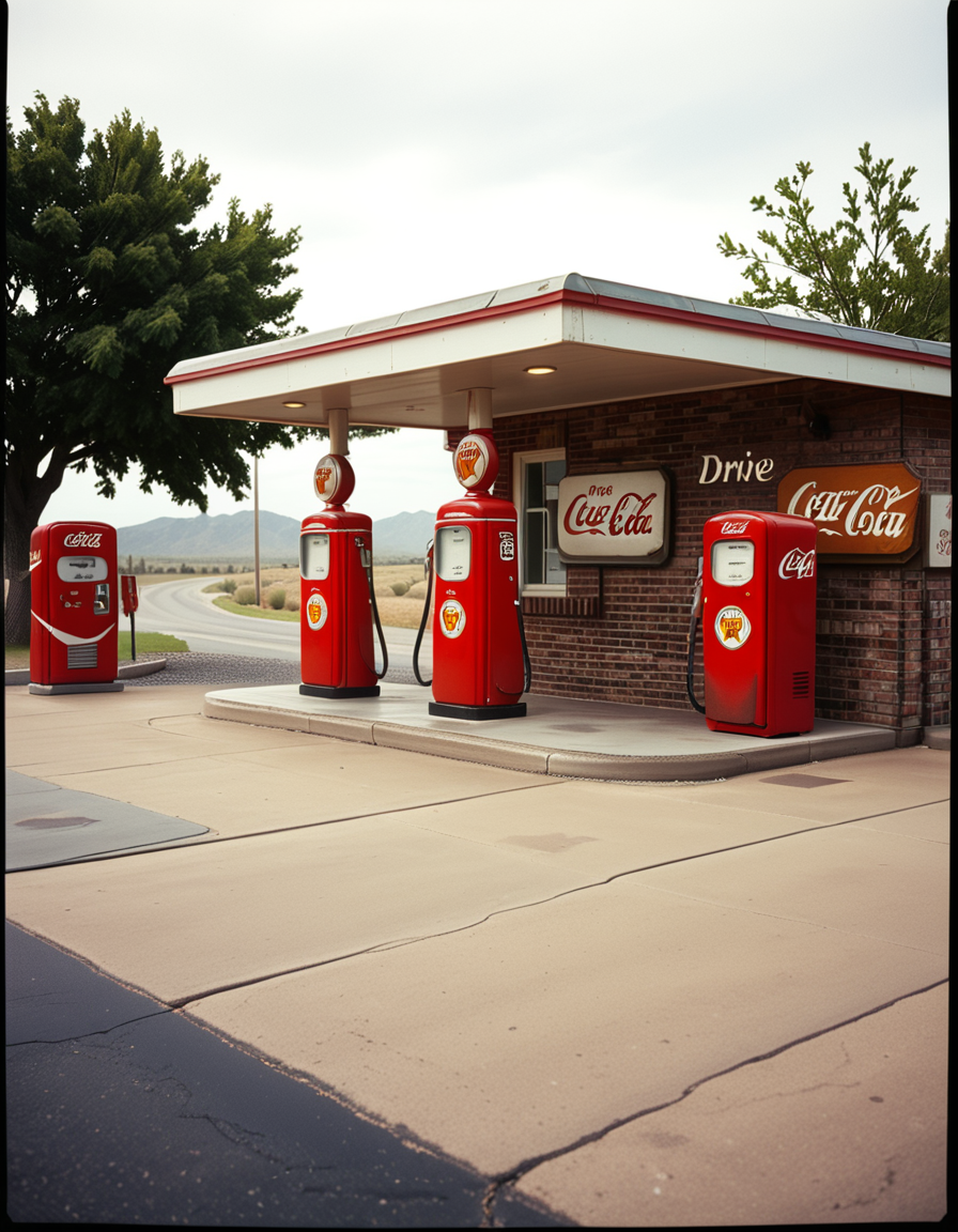 A realistic vintage photograph of a 1950s American gas station with no people present. The small brick building has a flat roof with a wide canopy extending over two classic red gas pumps from the 1950s, featuring chrome details, round meters, spiral hoses, and retro branding like "Texaco" or "Shell".The ground is old concrete with cracks and oil stains. Beside the station, there's a vintage Coca-Cola vending machine and a hand-painted wall sign that reads âDrive Safely!â. The sky is lightly overcast, casting soft shadows and a nostalgic mood. In the background, leafy trees, distant low hills, and an empty country road stretch into the distance. The photo has a slightly faded, desaturated color palette with warm vintage tones and a subtle grain, mimicking the look of 1950s Kodak film photography. The overall atmosphere is calm, quiet, and deeply nostalgic.
<lora:SDXLFaeTastic2400:0.4> <lora:extremely_detailed:0.4> extremely detailed, <lora:1950s_American_gas_st4t10n:1>,1950s American gas st4t10n, Masterpiece,best quality,hi res,8k,hi res,8k,award winning,(sharp focus, intricate, highly detailed),