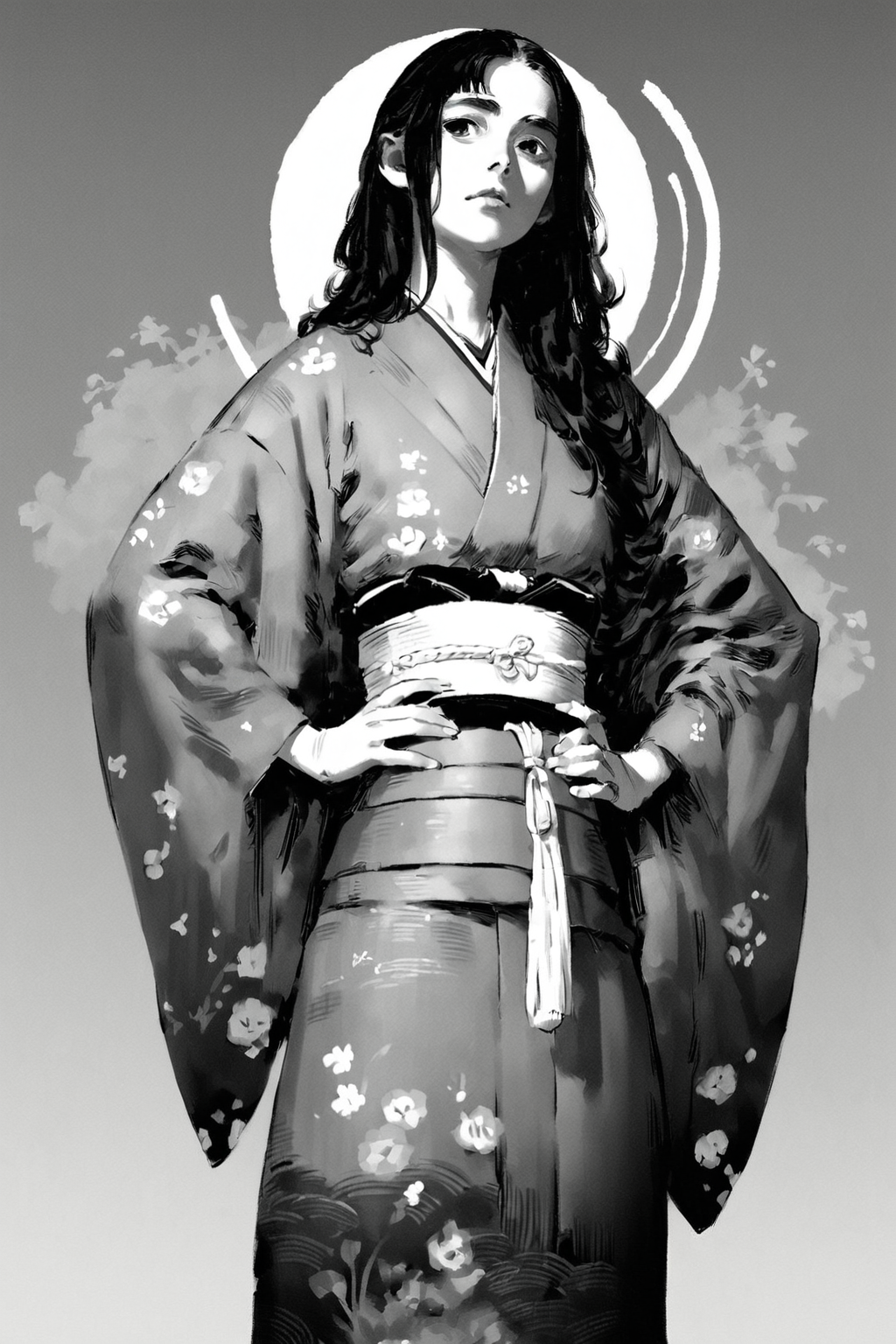 score_9, score_8_up, score_7_up, 1girl, kimono, solo, solo focus, cowboy shot, wide shot,detailed background, simple background, Hands on hips, facing the camera, <lora:godiva_grey:1>, (monochrome:1.5), (greyscale:1.5)