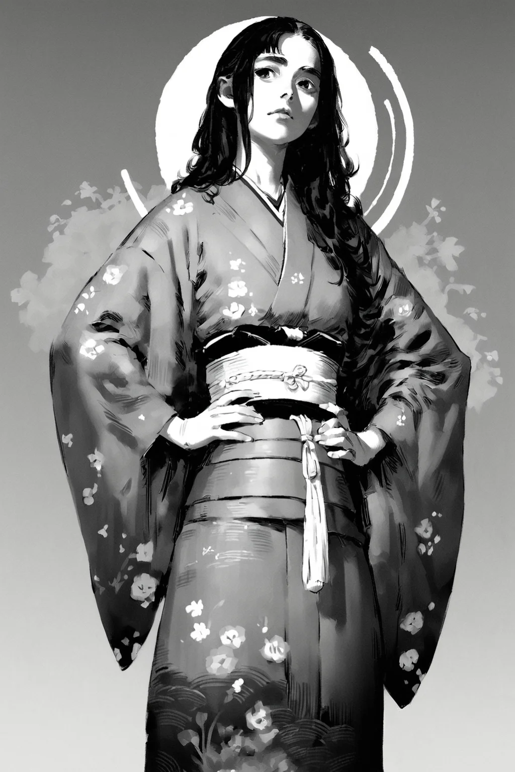 score_9, score_8_up, score_7_up, 1girl, kimono, solo, solo focus, cowboy shot, wide shot,detailed background, simple background, Hands on hips, facing the camera, <lora:godiva_grey:1>, (monochrome:1.5), (greyscale:1.5)