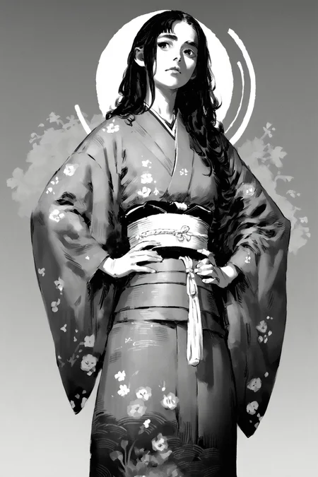 score_9, score_8_up, score_7_up, 1girl, kimono, solo, solo focus, cowboy shot, wide shot,detailed background, simple background, Hands on hips, facing the camera, <lora:godiva_grey:1>, (monochrome:1.5), (greyscale:1.5)