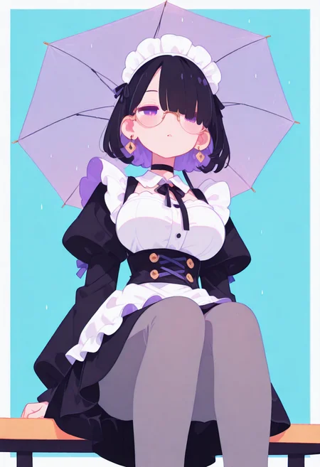 masterpiece, best quality, good quality, very aesthetic, absurdres, newest, 8K, viewed from below, legs focus, legs awe, BREAK
side portrait of stunning girl sitting, bangs, black hair, bobcut hair, purple eyes, choker, hair over one eye, (rimless big round glasses), large breasts, earrings, ear pierces, ultra detailed decorative victorian gossamer clothes, very short tight black maid dress, maid apron, multi colored hair, grey tights, black pumps, simple pastel aqua background with thick white border, holding transparent umbrella, directional lighting, BREAK half closed eyes, blushing, unfocused eyes, slightly parted lips, distant gaze, emotionless look,face visible through umbrella,
ultra-realistic, Flatline, Flat vector illustration, haiz_ai, no lineart, no outline,
heavy-rain, rain,
pplegss,
<lora:haiz_ai_illu:0.8> <lora:flatline:1.65> <lora:ponyv6_noobE11_2_adamW:0.25> <lora:Slider-LimbWidth:1.5> <lora:Slider-LegLength:-1.5> <lora:v0.04_Concept_pony:0.2>