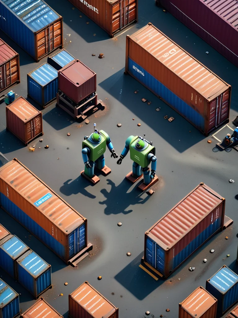 overhead top-down isometric view of a [photo focus on  robopop 3 robots factory workers, one-eyed, containers
 <lora:Robopop:0.75>, , film, professional, 4k, highly detailed, absurdres, detailed, macro details, 8k, hyper realistic, texture surface details] logo in grafitti style font, key visual, hdr, simple background, by, form, orange green red blue theme, absurdres, macro details, 8k, texture surface details