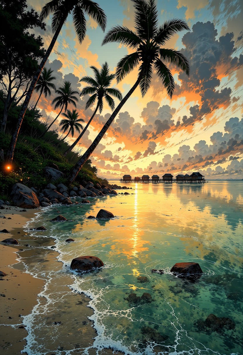 Maldivian Sunset Lagoon – Golden Waters & Palm Silhouettes
"A serene Maldivian lagoon at golden hour, where the calm, crystal-clear waters shimmer with warm hues of orange and pink. Tall palm trees cast long shadows on the white sand, their silhouettes swaying gently in the evening breeze. In the distance, overwater bungalows reflect the soft, golden glow of the sky, while gentle ripples lap at the shore."