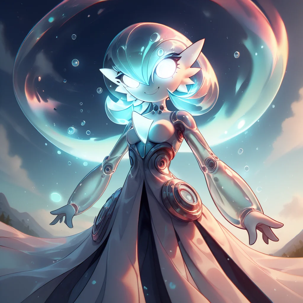score_9, score_8_up, bubblytech ,scifi, <lora:BubblyTech_PonyXL_B-000013:1>, transparency, caustics , iridescent,
1girl, bubblytech gardevoir, glowing eyes, perspective distortion, solo, looking at viewer, smile, small breasts, dark night sky glowing hair, glowing eyes, energy aura , light particles, long skirt, bloom effect,