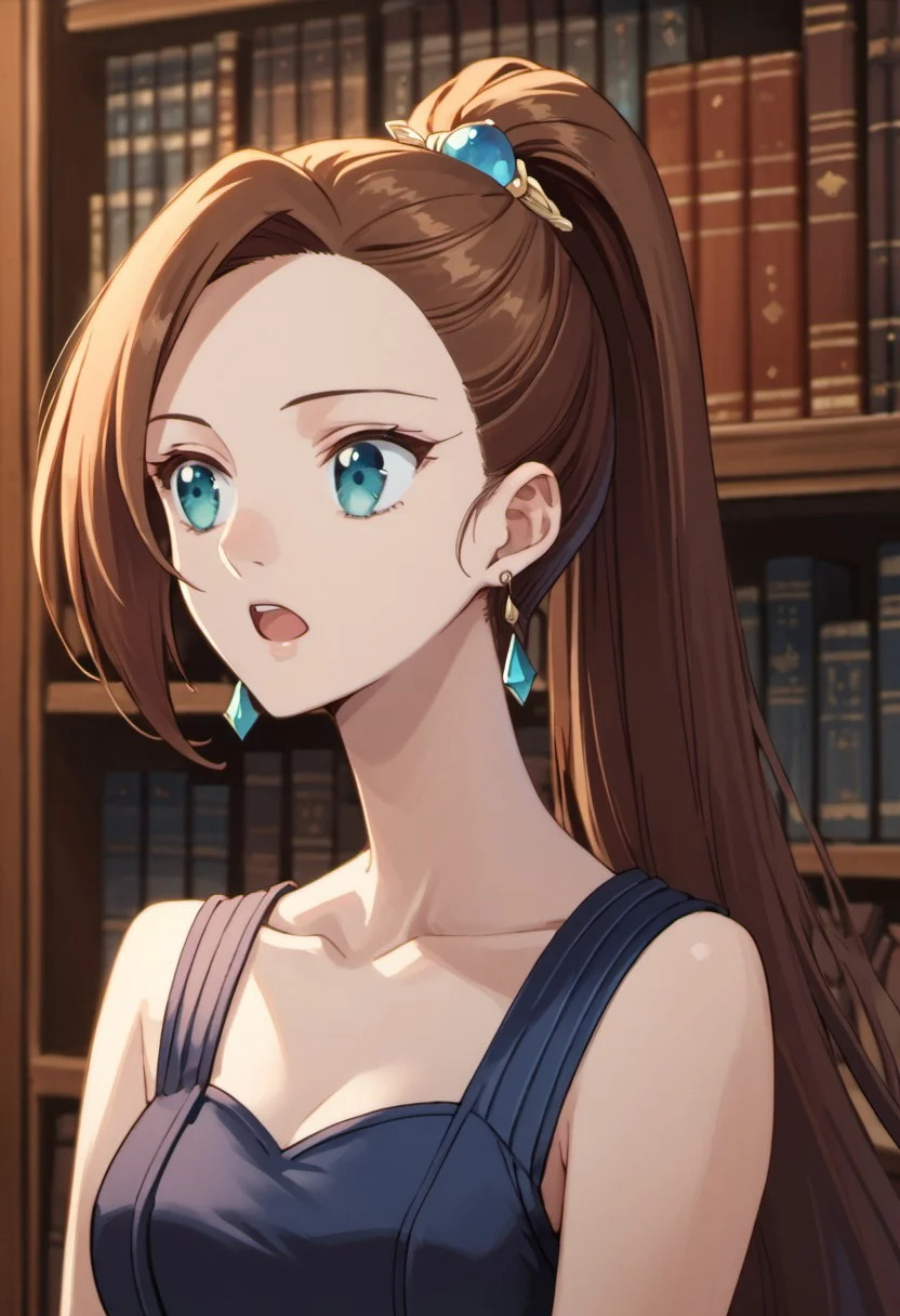 score_9, score_8_up, score_7_up, source_anime, katarina claes, brown hair, blue eyes, long hair, 1girl, earrings, jewelry, solo, hair ornament, ponytail, bookshelf, collarbone, upper body, open mouth, sleeveless, book